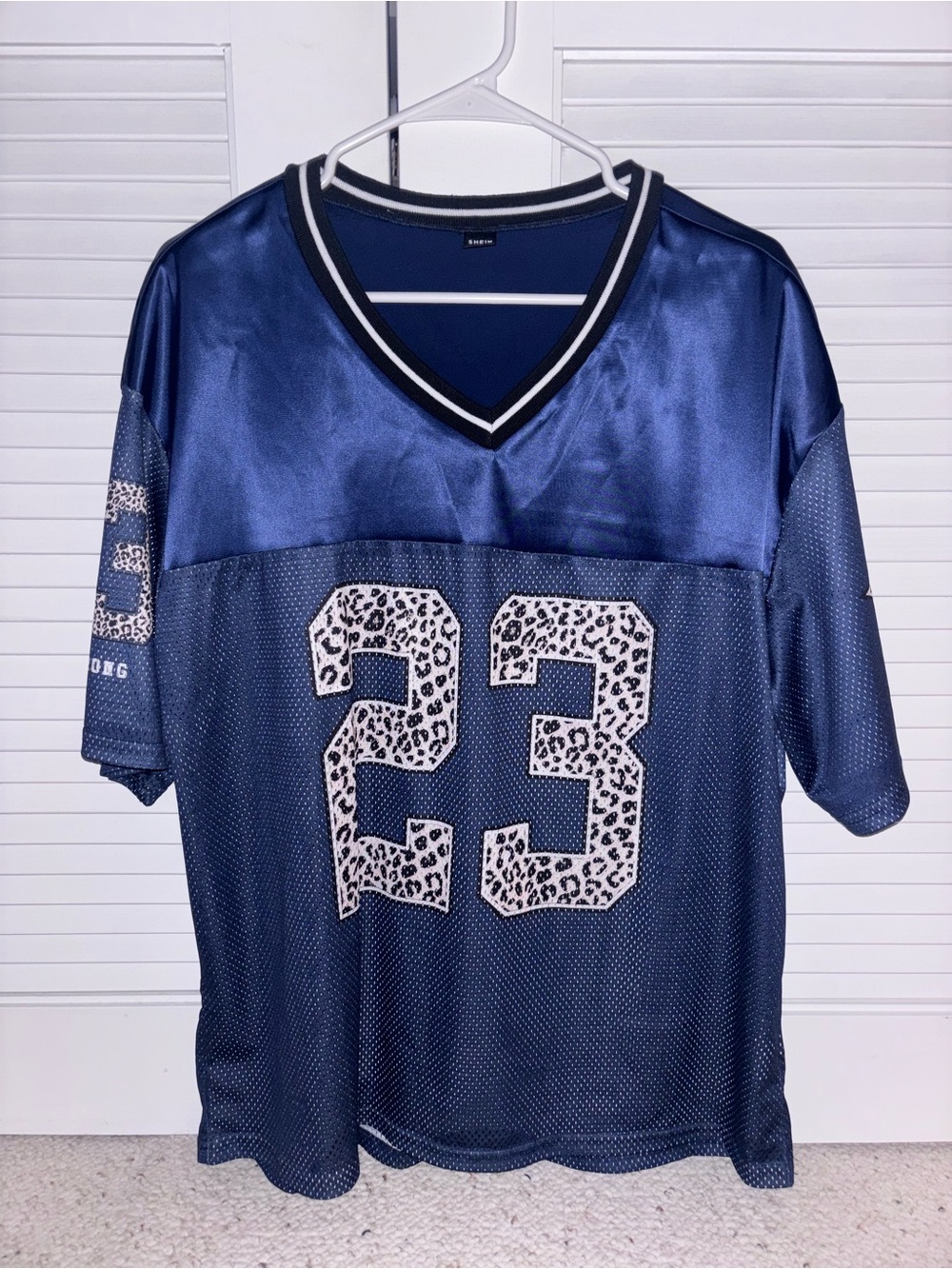 SHEIN Navy Blue V-Neck Mesh Jersey with Leopard '23